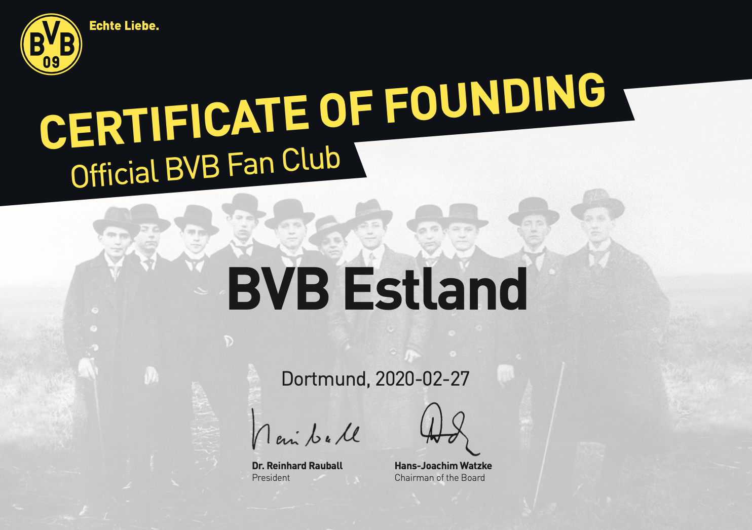 Official BVB Estland fan club certificate